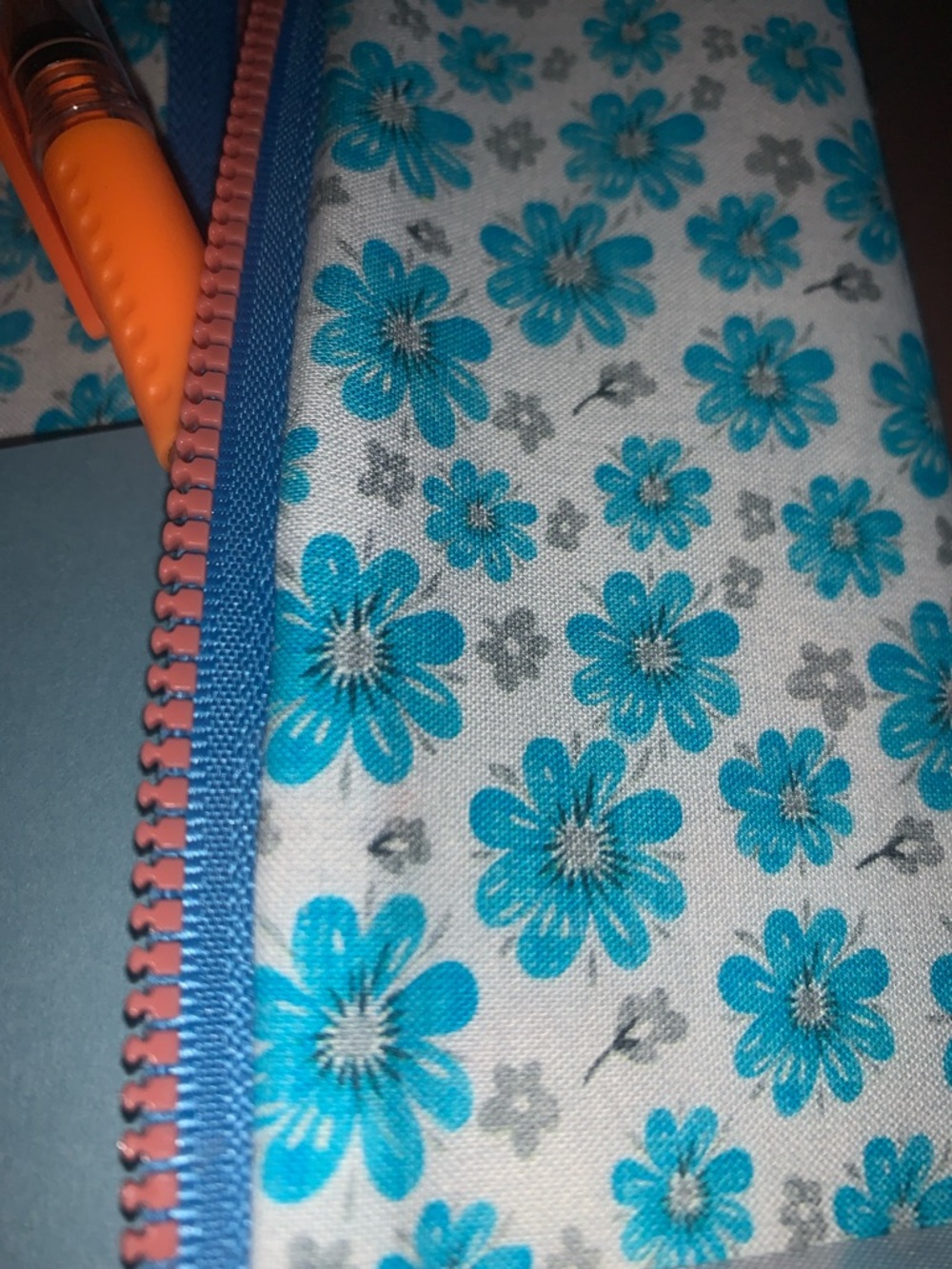 Floral Blue Cotton Pencil Case with Coral Zipper - Picture 6 of 8
